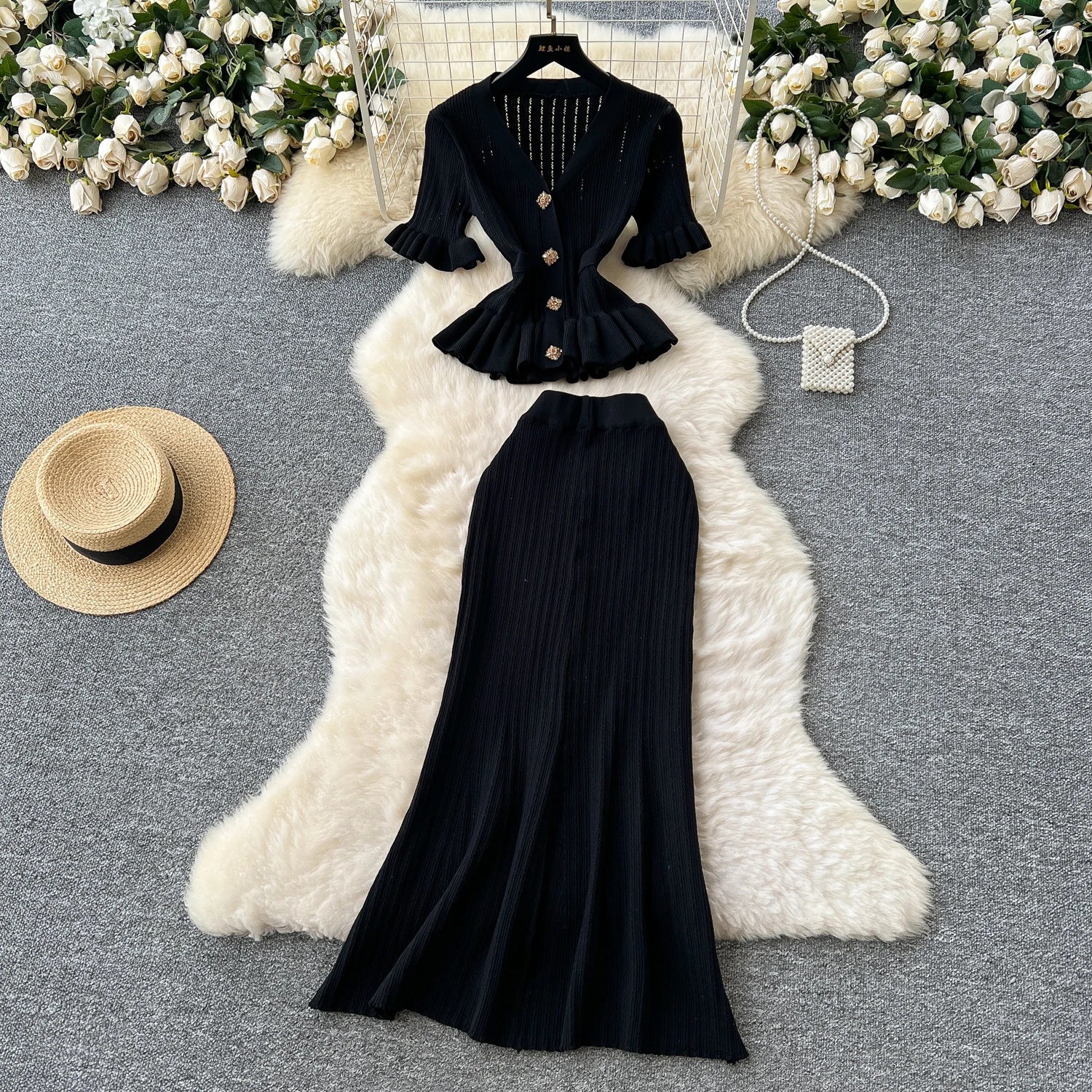 Elegant Women's Two Piece Set Featuring V-Neck Ruffled Knitted Top and Wrapped Hips Long Skirt Stylish and Comfortable Matching Outfit