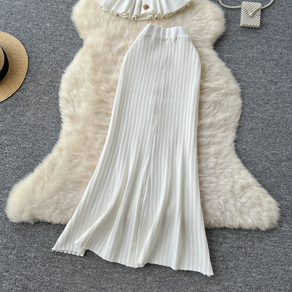 Elegant Women's Two Piece Set Featuring V-Neck Ruffled Knitted Top and Wrapped Hips Long Skirt Stylish and Comfortable Matching Outfit
