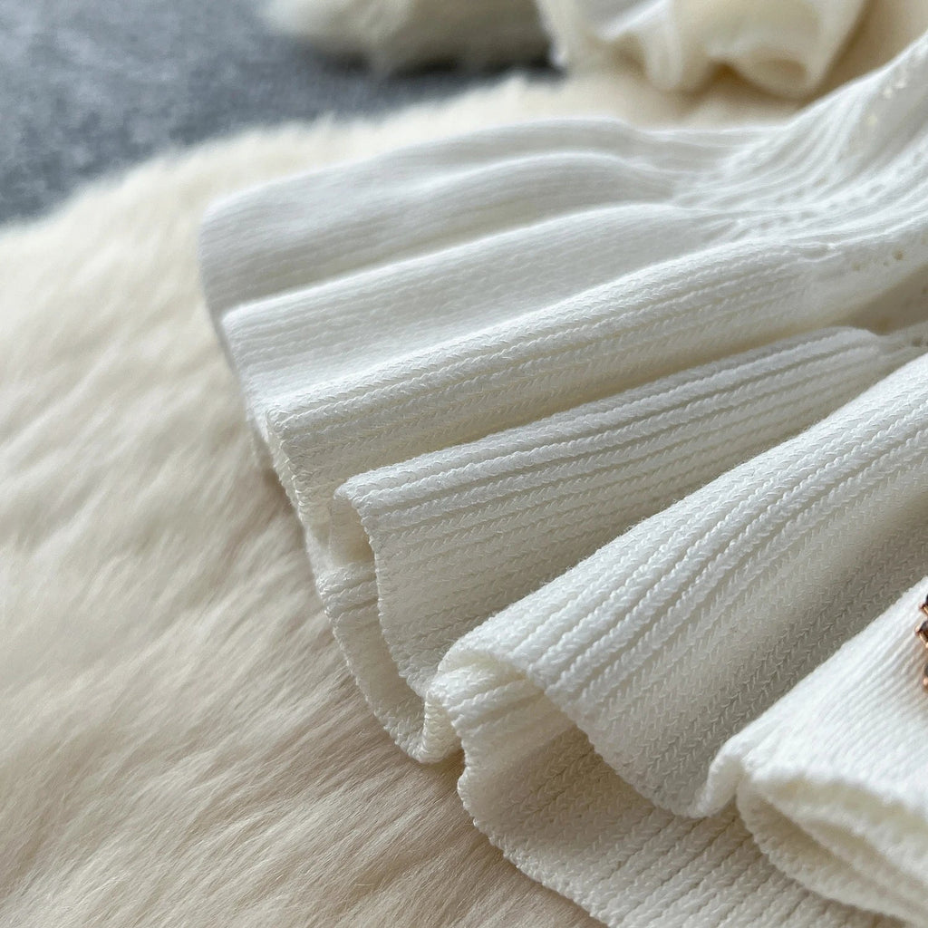 Elegant Women's Two Piece Set Featuring V-Neck Ruffled Knitted Top and Wrapped Hips Long Skirt Stylish and Comfortable Matching Outfit