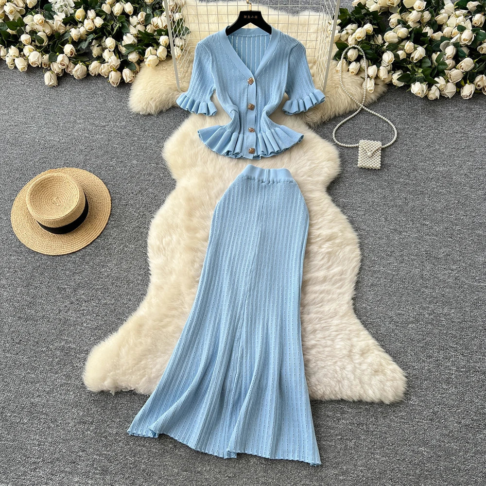 Elegant Women's Two Piece Set Featuring V-Neck Ruffled Knitted Top and Wrapped Hips Long Skirt Stylish and Comfortable Matching Outfit
