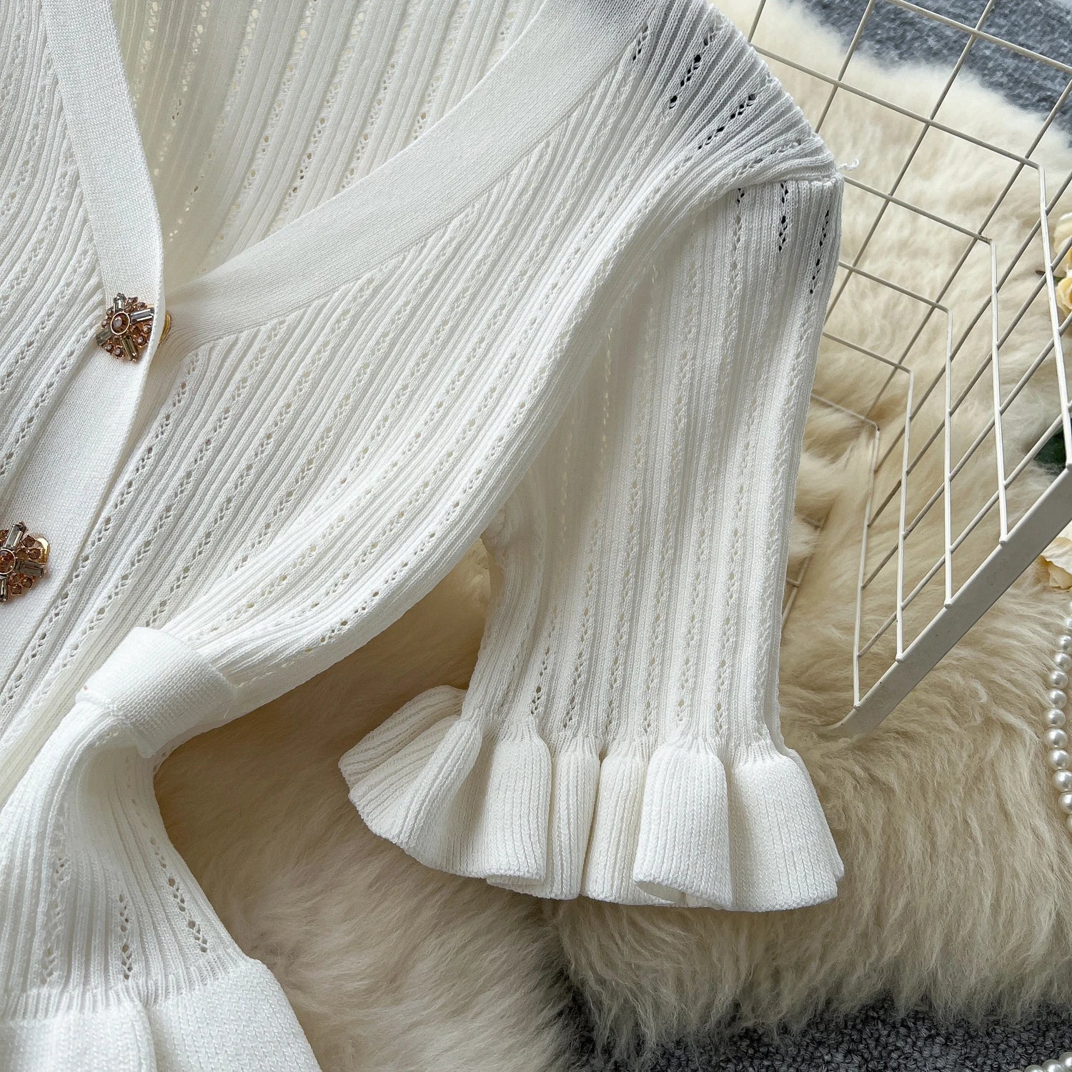 Elegant Women's Two Piece Set Featuring V-Neck Ruffled Knitted Top and Wrapped Hips Long Skirt Stylish and Comfortable Matching Outfit