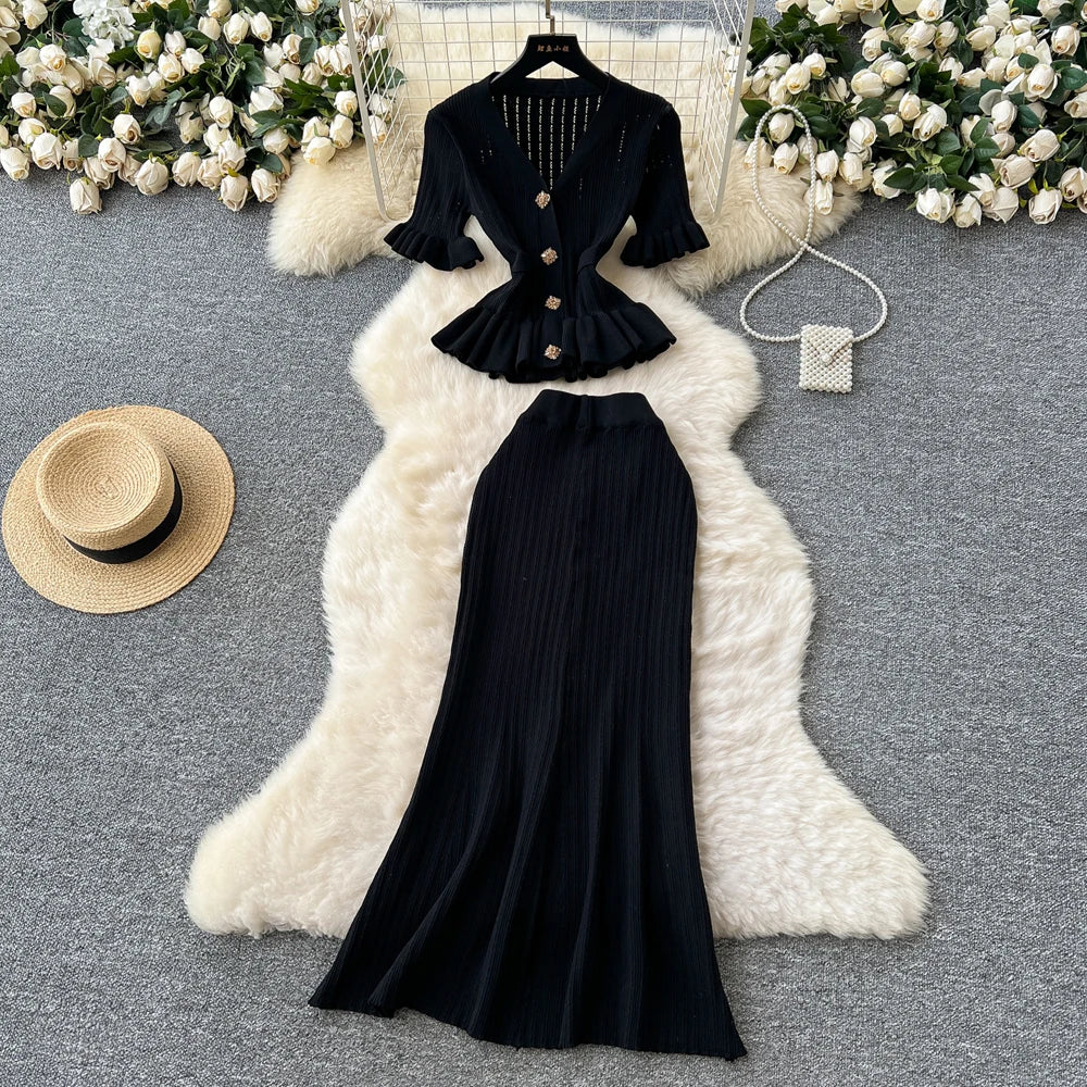 Elegant Women's Two Piece Set Featuring V-Neck Ruffled Knitted Top and Wrapped Hips Long Skirt Stylish and Comfortable Matching Outfit