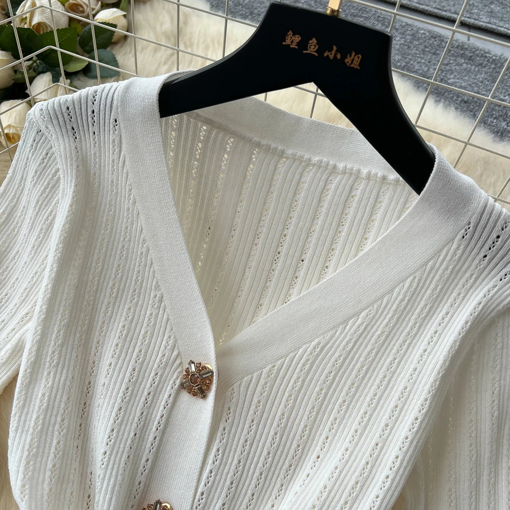 Elegant Women's Two Piece Set Featuring V-Neck Ruffled Knitted Top and Wrapped Hips Long Skirt Stylish and Comfortable Matching Outfit