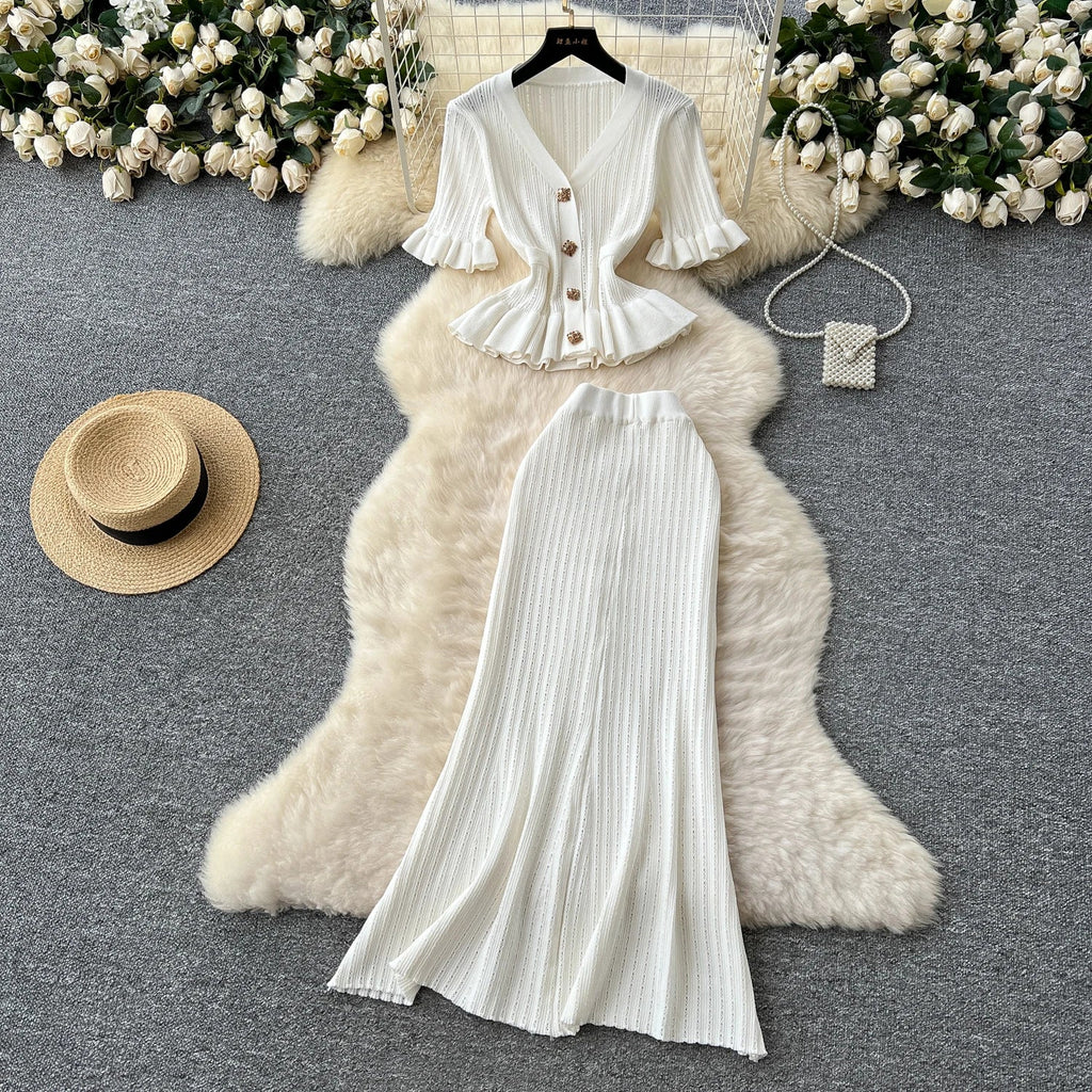 Elegant Women's Two Piece Set Featuring V-Neck Ruffled Knitted Top and Wrapped Hips Long Skirt Stylish and Comfortable Matching Outfit