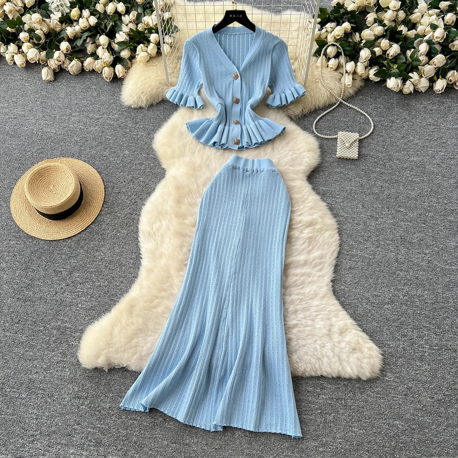 Elegant Women's Two Piece Set Featuring V-Neck Ruffled Knitted Top and Wrapped Hips Long Skirt Stylish and Comfortable Matching Outfit