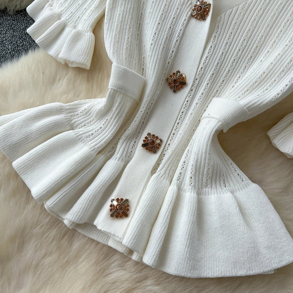 Elegant Women's Two Piece Set Featuring V-Neck Ruffled Knitted Top and Wrapped Hips Long Skirt Stylish and Comfortable Matching Outfit