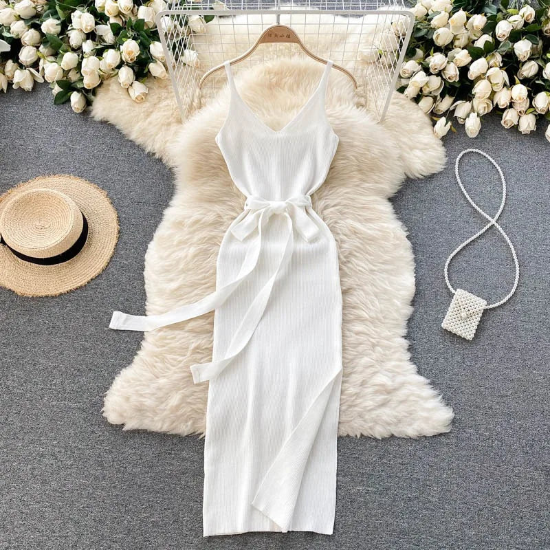 Elegant Bodycon Split Dress for Women Summer Sleeveless Bandage Backless Sexy Outfits Black Party Sundress