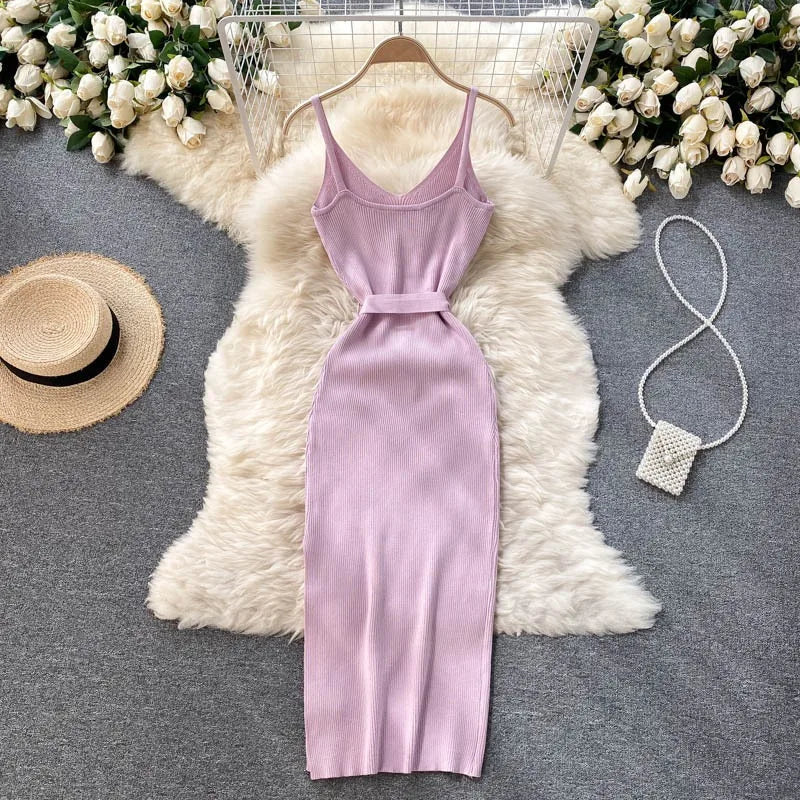 Elegant Bodycon Split Dress for Women Summer Sleeveless Bandage Backless Sexy Outfits Black Party Sundress