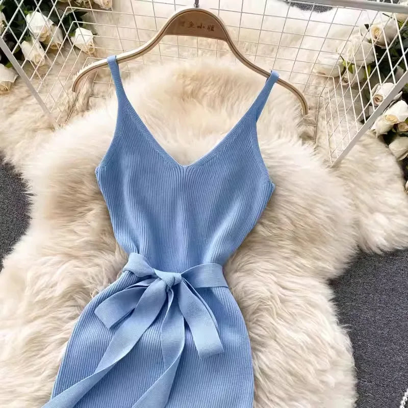 Elegant Bodycon Split Dress for Women Summer Sleeveless Bandage Backless Sexy Outfits Black Party Sundress