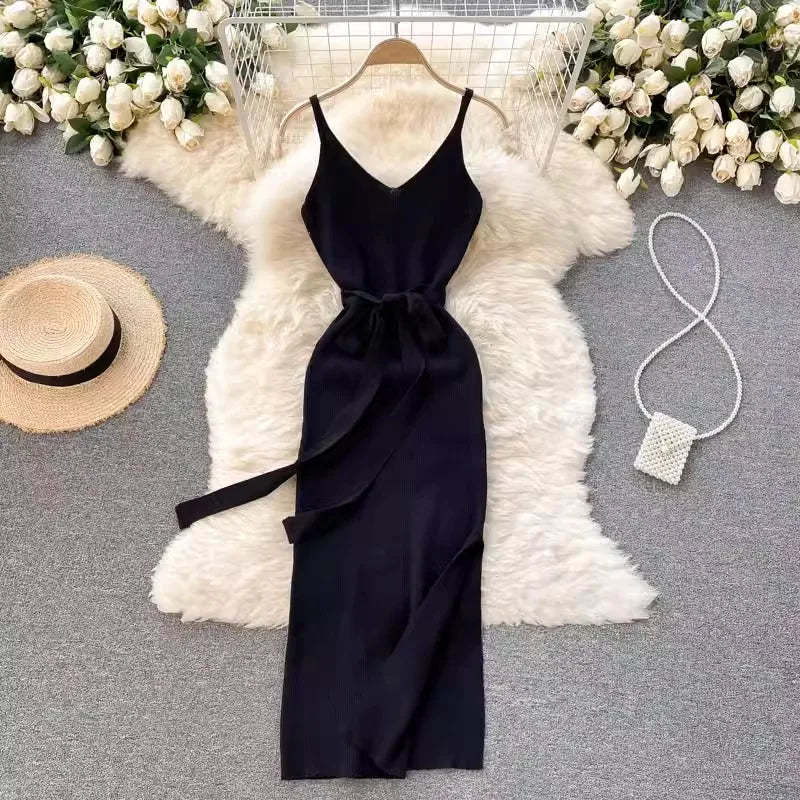 Elegant Bodycon Split Dress for Women Summer Sleeveless Bandage Backless Sexy Outfits Black Party Sundress