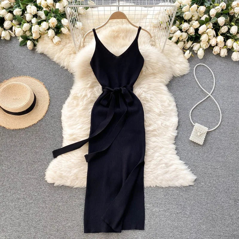 Elegant Bodycon Split Dress for Women Summer Sleeveless Bandage Backless Sexy Outfits Black Party Sundress