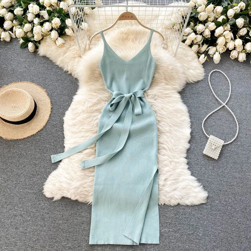 Elegant Bodycon Split Dress for Women Summer Sleeveless Bandage Backless Sexy Outfits Black Party Sundress