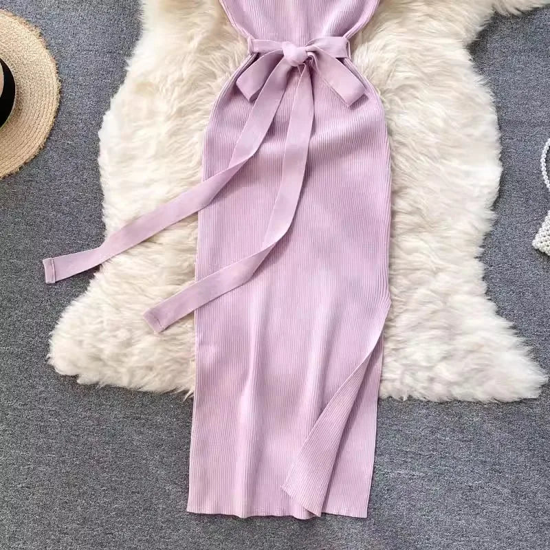 Elegant Bodycon Split Dress for Women Summer Sleeveless Bandage Backless Sexy Outfits Black Party Sundress