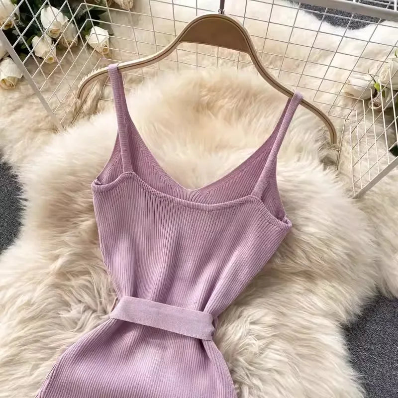 Elegant Bodycon Split Dress for Women Summer Sleeveless Bandage Backless Sexy Outfits Black Party Sundress