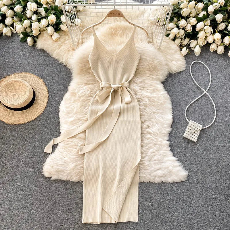 Elegant Bodycon Split Dress for Women Summer Sleeveless Bandage Backless Sexy Outfits Black Party Sundress