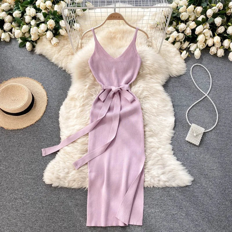 Elegant Bodycon Split Dress for Women Summer Sleeveless Bandage Backless Sexy Outfits Black Party Sundress