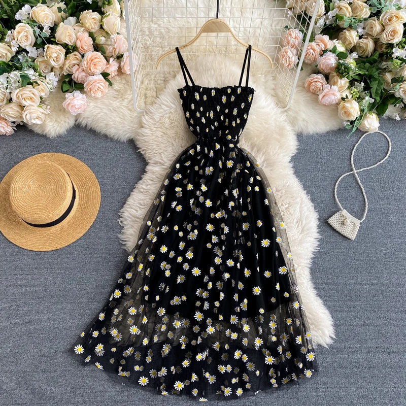 Romantic Floral Print Long Dress for Women with Straps and High Waist Mesh Design Perfect for Beach Vacations and Summer Outings
