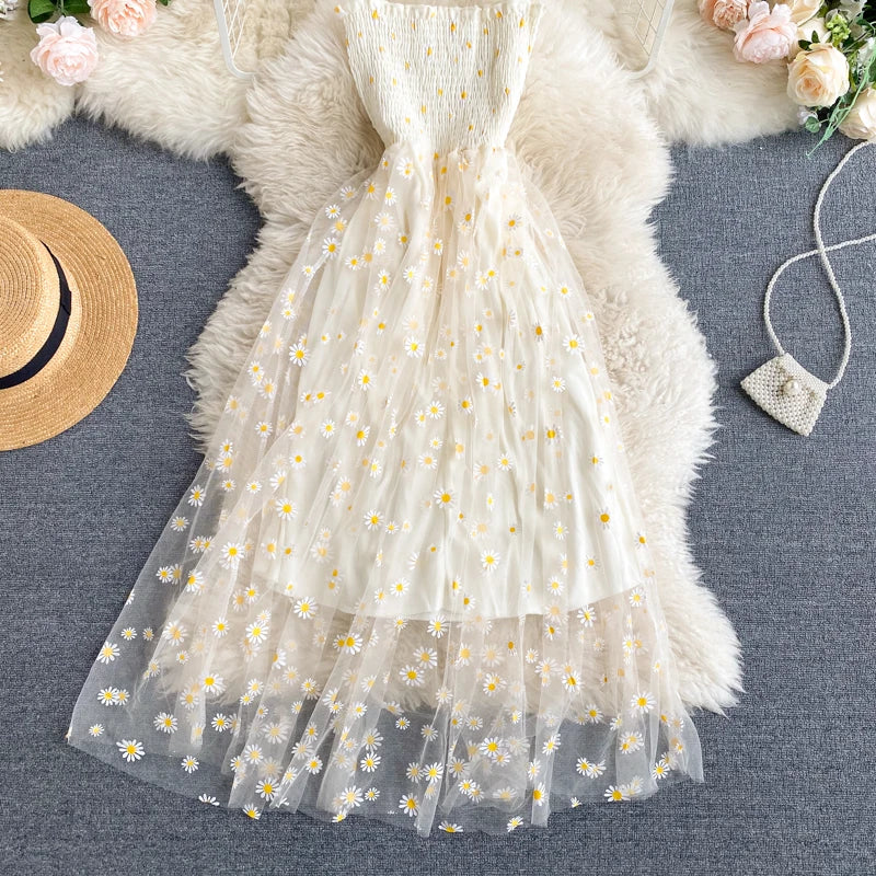 Romantic Floral Print Long Dress for Women with Straps and High Waist Mesh Design Perfect for Beach Vacations and Summer Outings