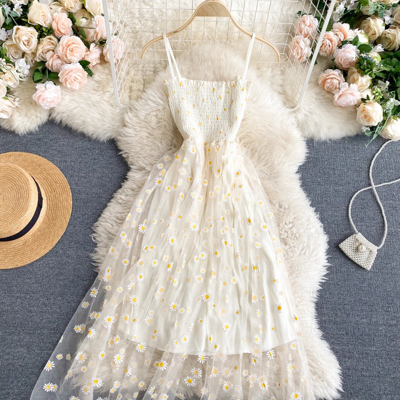 Romantic Floral Print Long Dress for Women with Straps and High Waist Mesh Design Perfect for Beach Vacations and Summer Outings