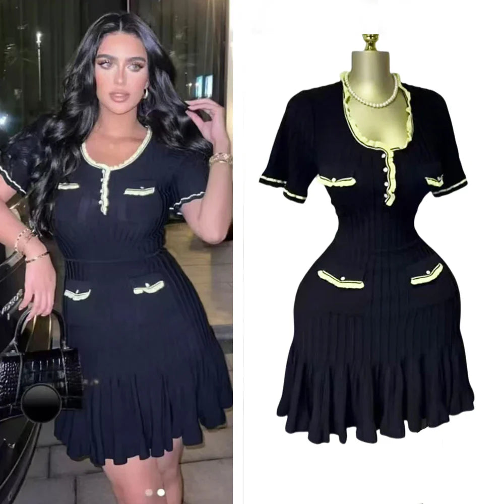 Chic Sexy Knitted Mini Dress with Ruffles and Open Hips for Summer, Elegant Black Party and Streetwear Style