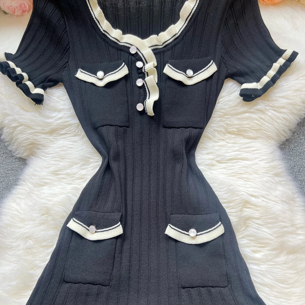Chic Sexy Knitted Mini Dress with Ruffles and Open Hips for Summer, Elegant Black Party and Streetwear Style