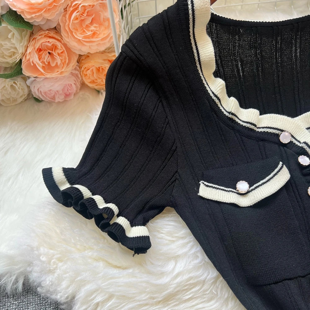 Chic Sexy Knitted Mini Dress with Ruffles and Open Hips for Summer, Elegant Black Party and Streetwear Style