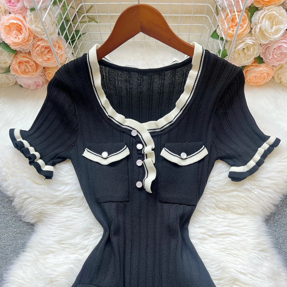 Chic Sexy Knitted Mini Dress with Ruffles and Open Hips for Summer, Elegant Black Party and Streetwear Style