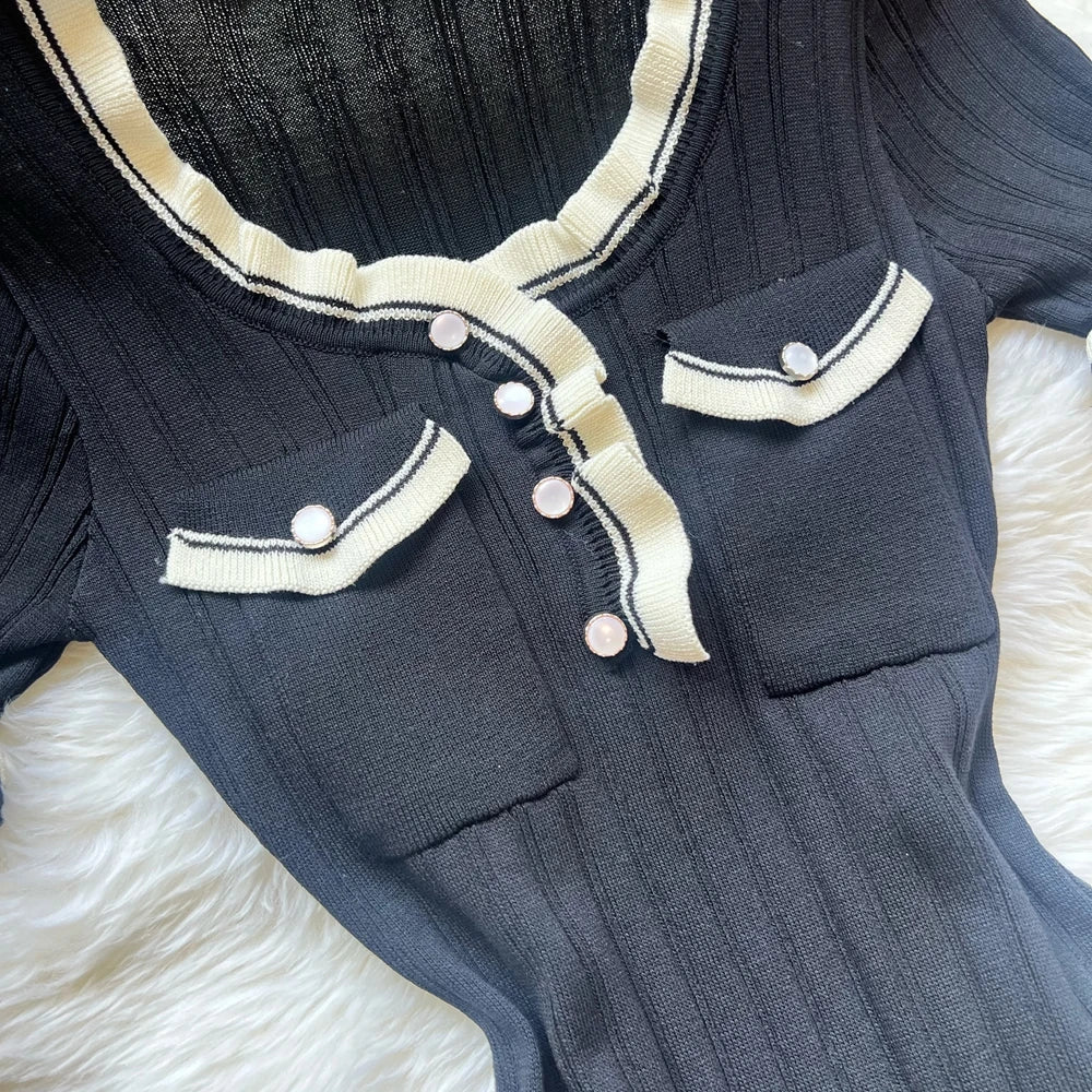 Chic Sexy Knitted Mini Dress with Ruffles and Open Hips for Summer, Elegant Black Party and Streetwear Style