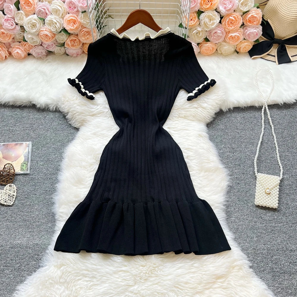 Chic Sexy Knitted Mini Dress with Ruffles and Open Hips for Summer, Elegant Black Party and Streetwear Style