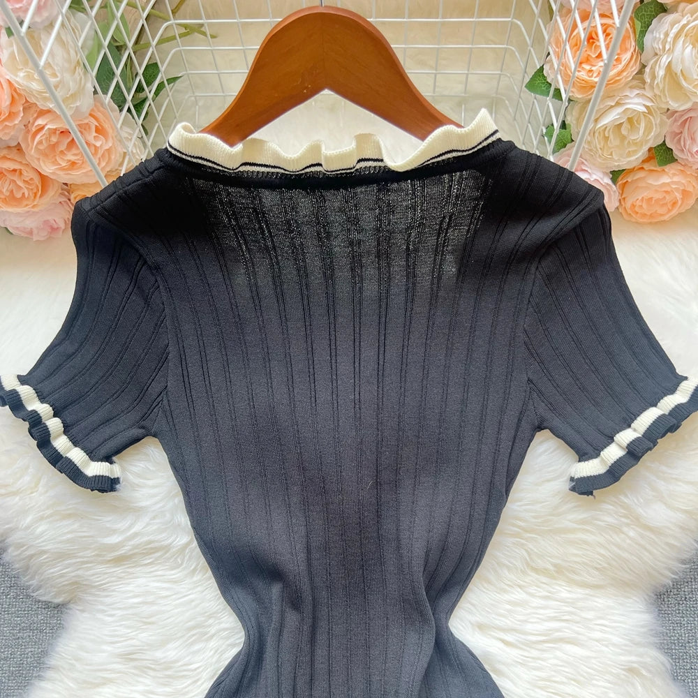 Chic Sexy Knitted Mini Dress with Ruffles and Open Hips for Summer, Elegant Black Party and Streetwear Style