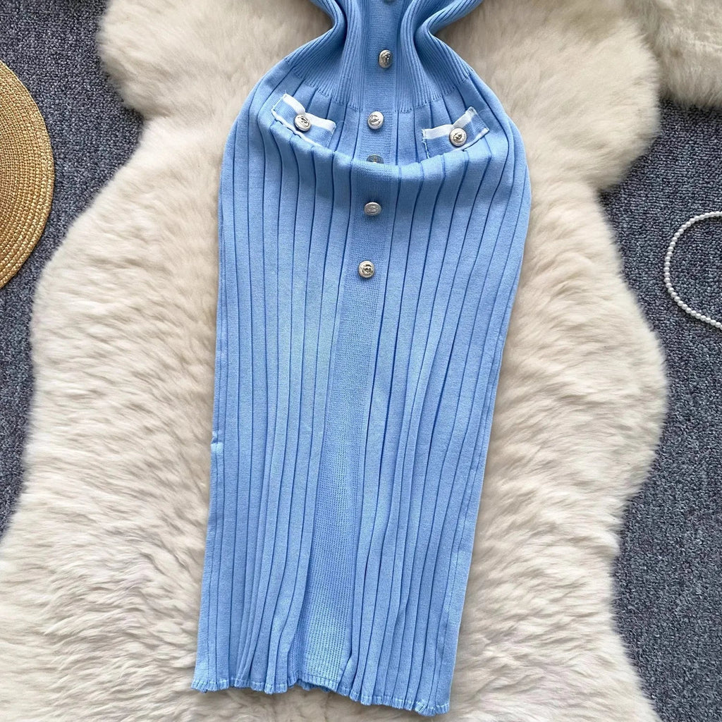 Chic Sexy Wrap Hips Knitted Dress for Women V-Neck Short Sleeve Bodycon Pleated Sweater Office Lady Vestidos