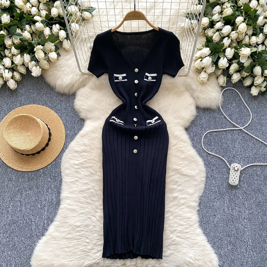 Chic Sexy Wrap Hips Knitted Dress for Women V-Neck Short Sleeve Bodycon Pleated Sweater Office Lady Vestidos