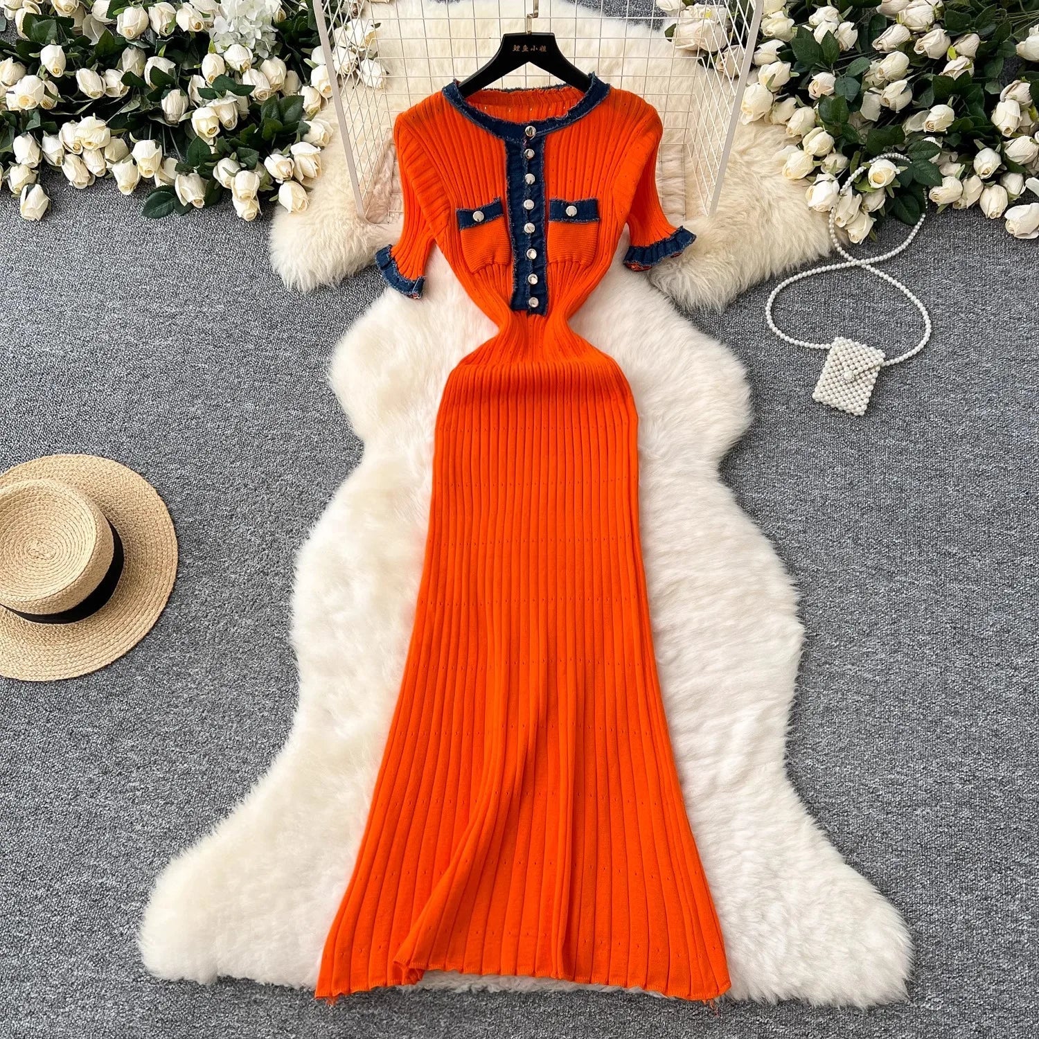 Chic Vintage Denim Patchwork Maxi Dress with Knitted Long Sweater Style for Spring and Summer Casual Elegance