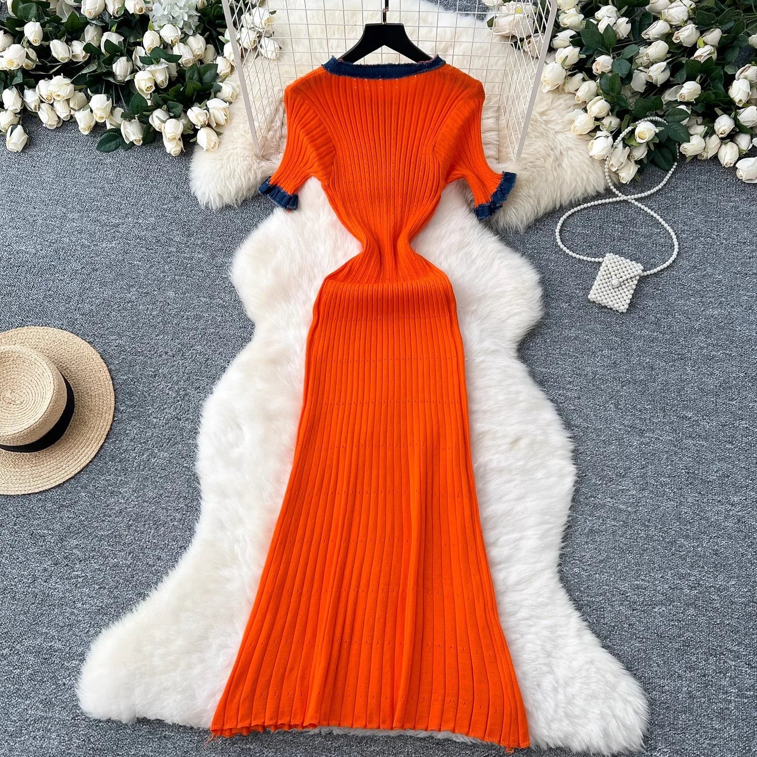 Chic Vintage Denim Patchwork Maxi Dress with Knitted Long Sweater Style for Spring and Summer Casual Elegance