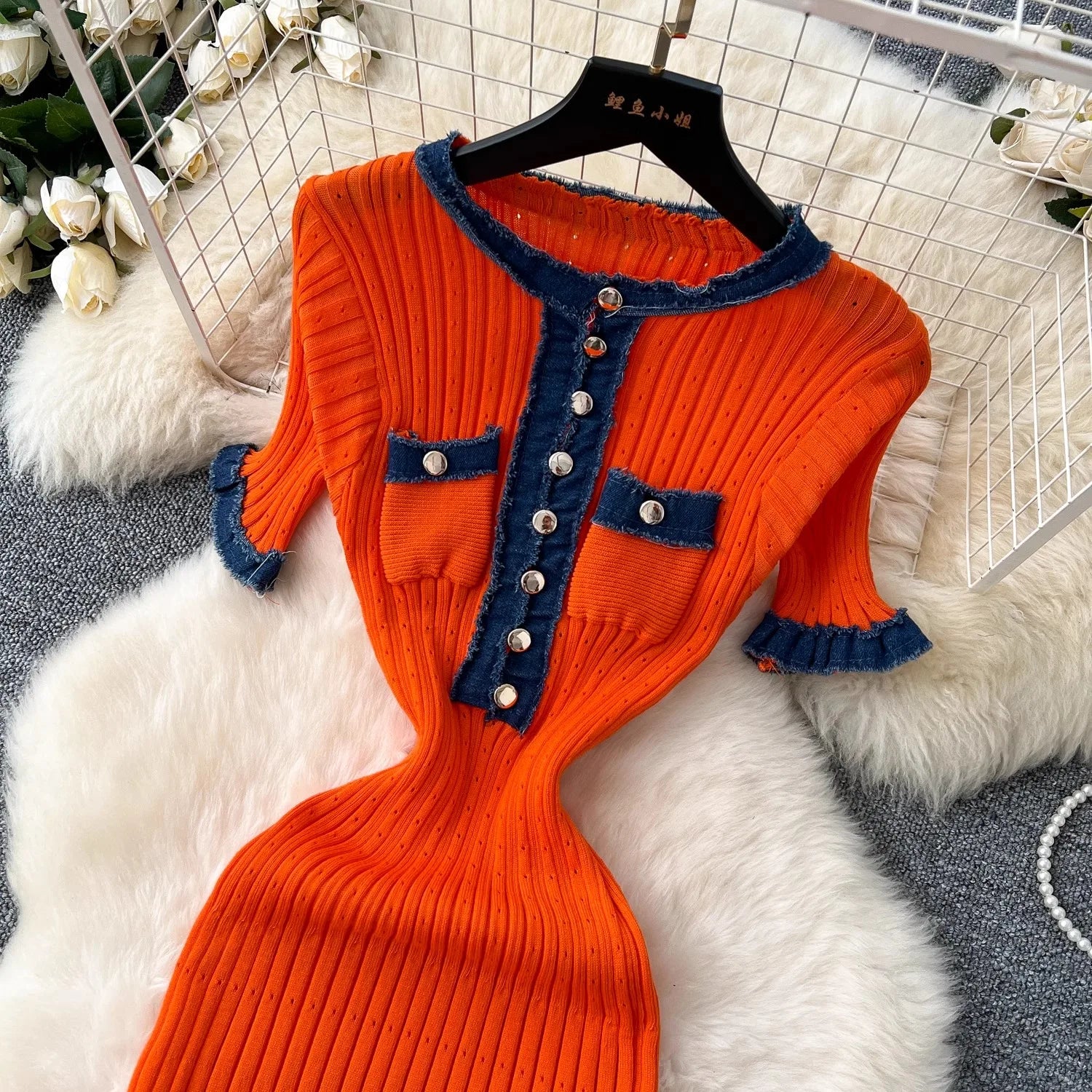 Chic Vintage Denim Patchwork Maxi Dress with Knitted Long Sweater Style for Spring and Summer Casual Elegance