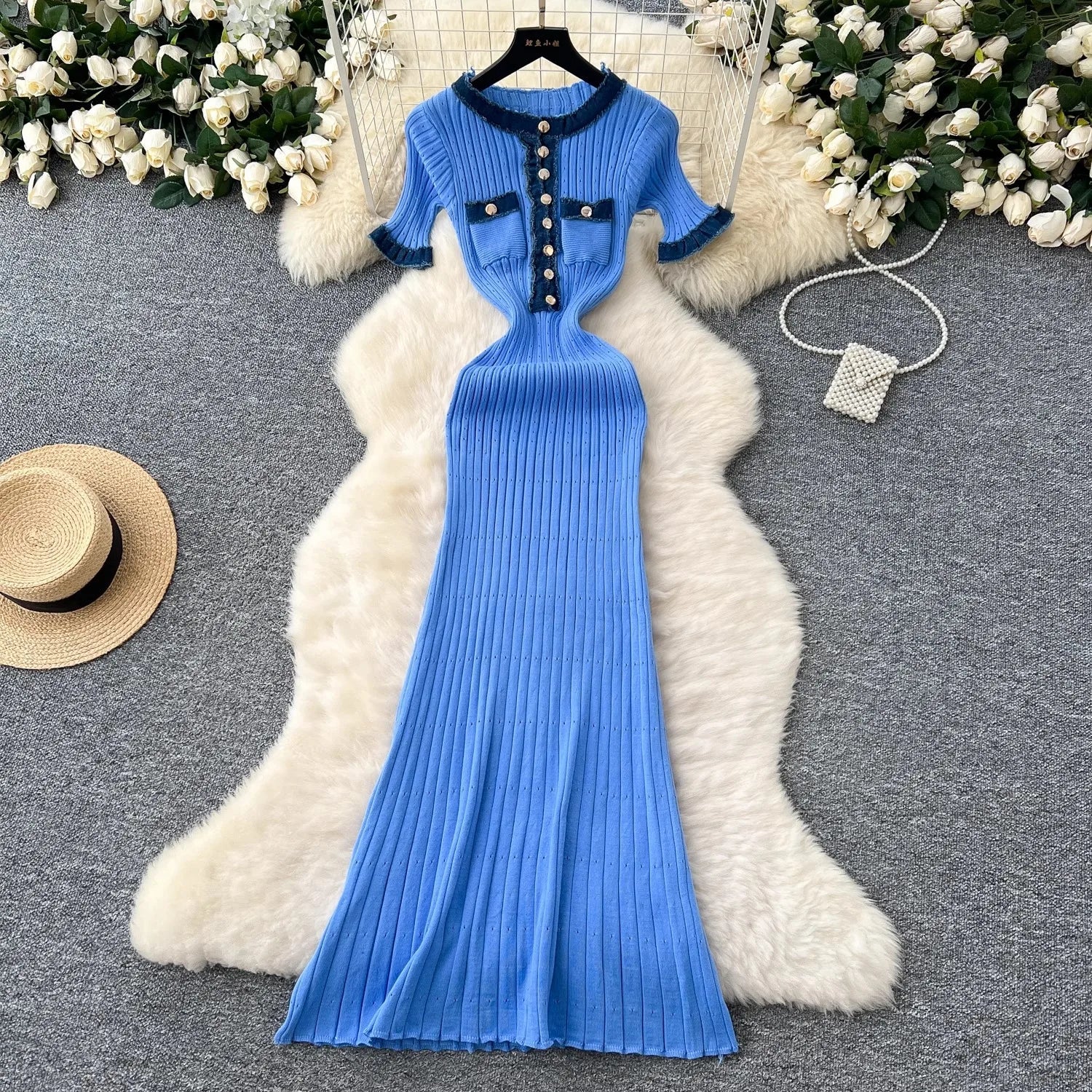 Chic Vintage Denim Patchwork Maxi Dress with Knitted Long Sweater Style for Spring and Summer Casual Elegance