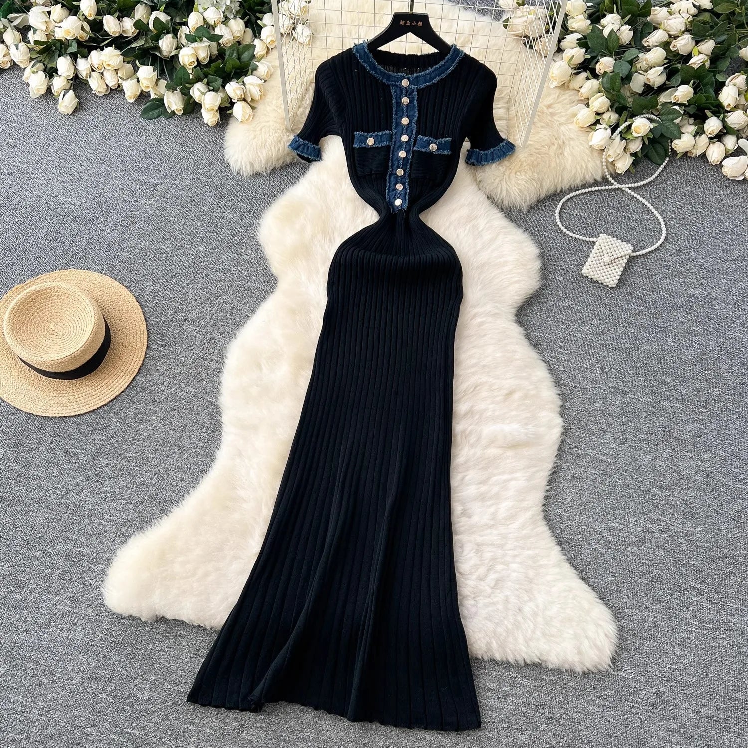 Chic Vintage Denim Patchwork Maxi Dress with Knitted Long Sweater Style for Spring and Summer Casual Elegance