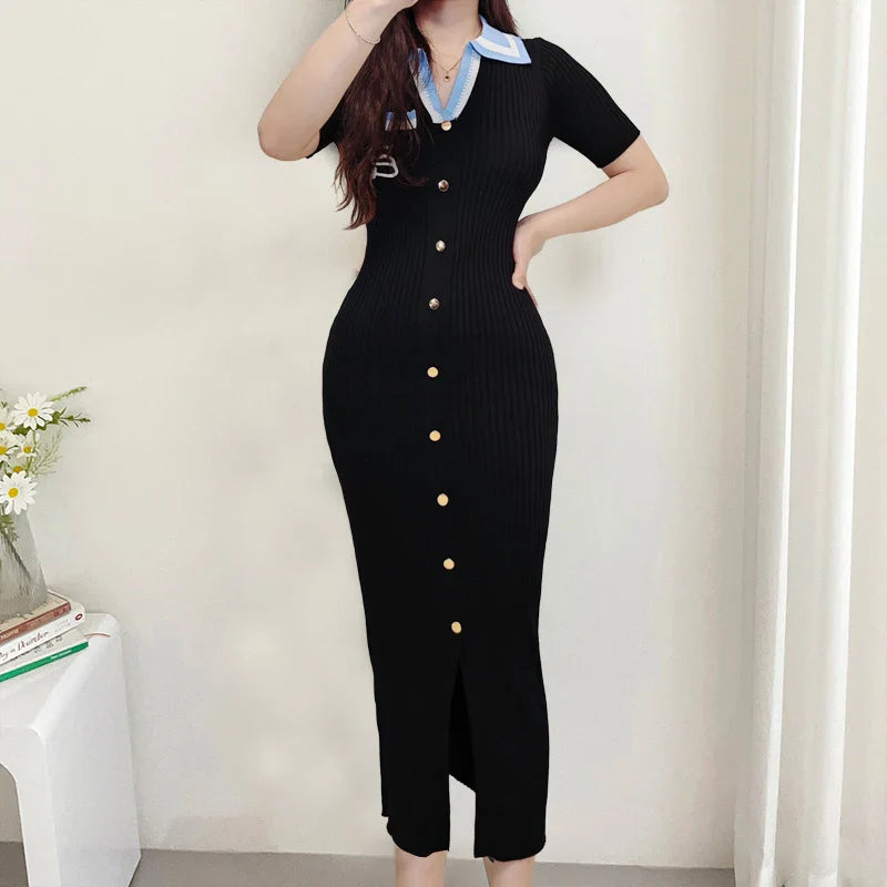Chic Women's Wrap Hips Maxi Dress with Luxury Embroidery and Single-Breasted Bodycon Fit for Party and Office Elegance