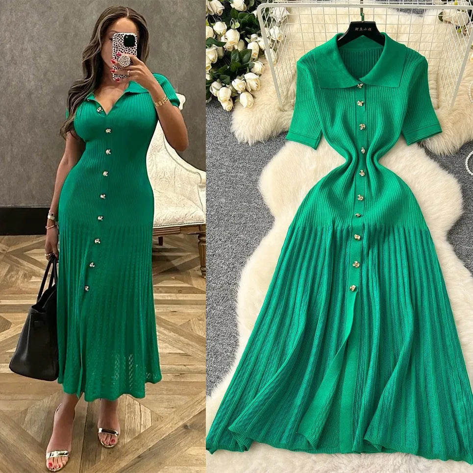 Elegant Patchwork Knitted Maxi Dress with Turn-down Collar and Shirt Design for Summer Ladies