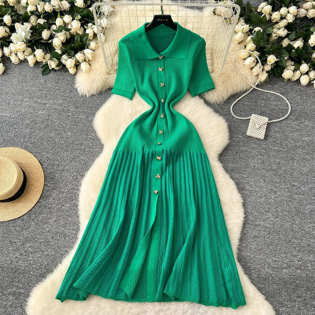 Elegant Patchwork Knitted Maxi Dress with Turn-down Collar and Shirt Design for Summer Ladies
