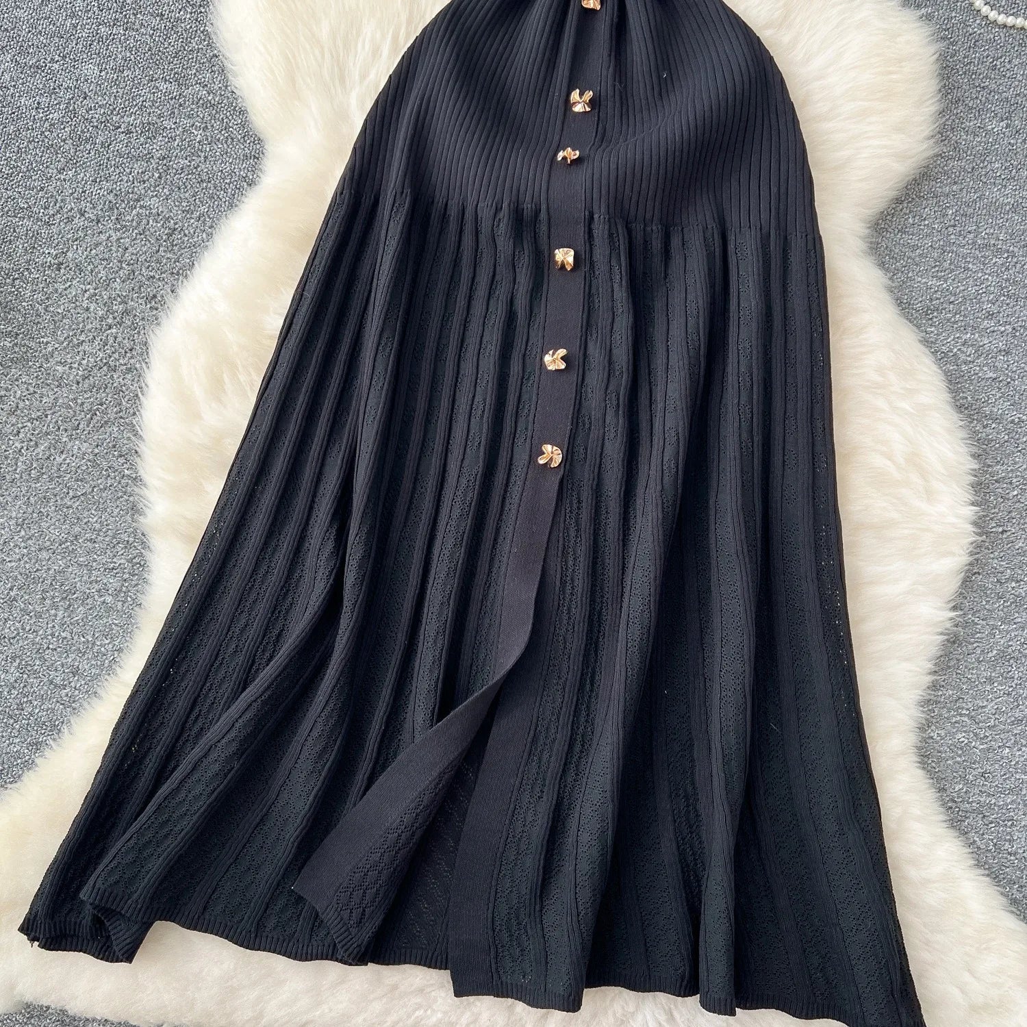 Elegant Patchwork Knitted Maxi Dress with Turn-down Collar and Shirt Design for Summer Ladies