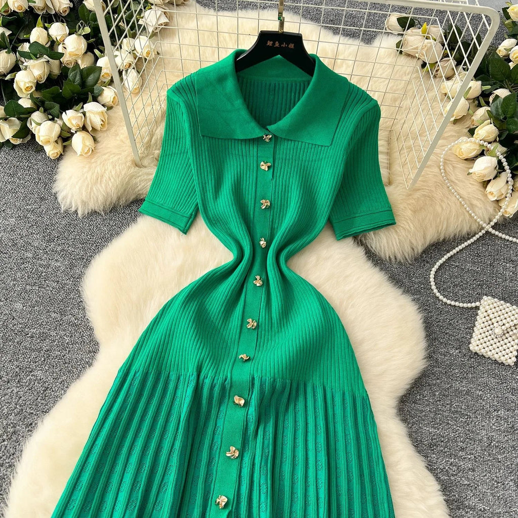 Elegant Patchwork Knitted Maxi Dress with Turn-down Collar and Shirt Design for Summer Ladies