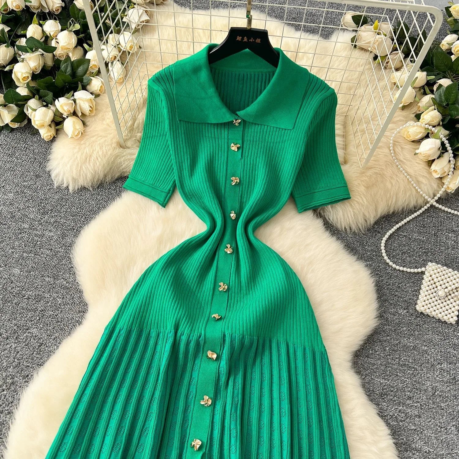 Elegant Patchwork Knitted Maxi Dress with Turn-down Collar and Shirt Design for Summer Ladies