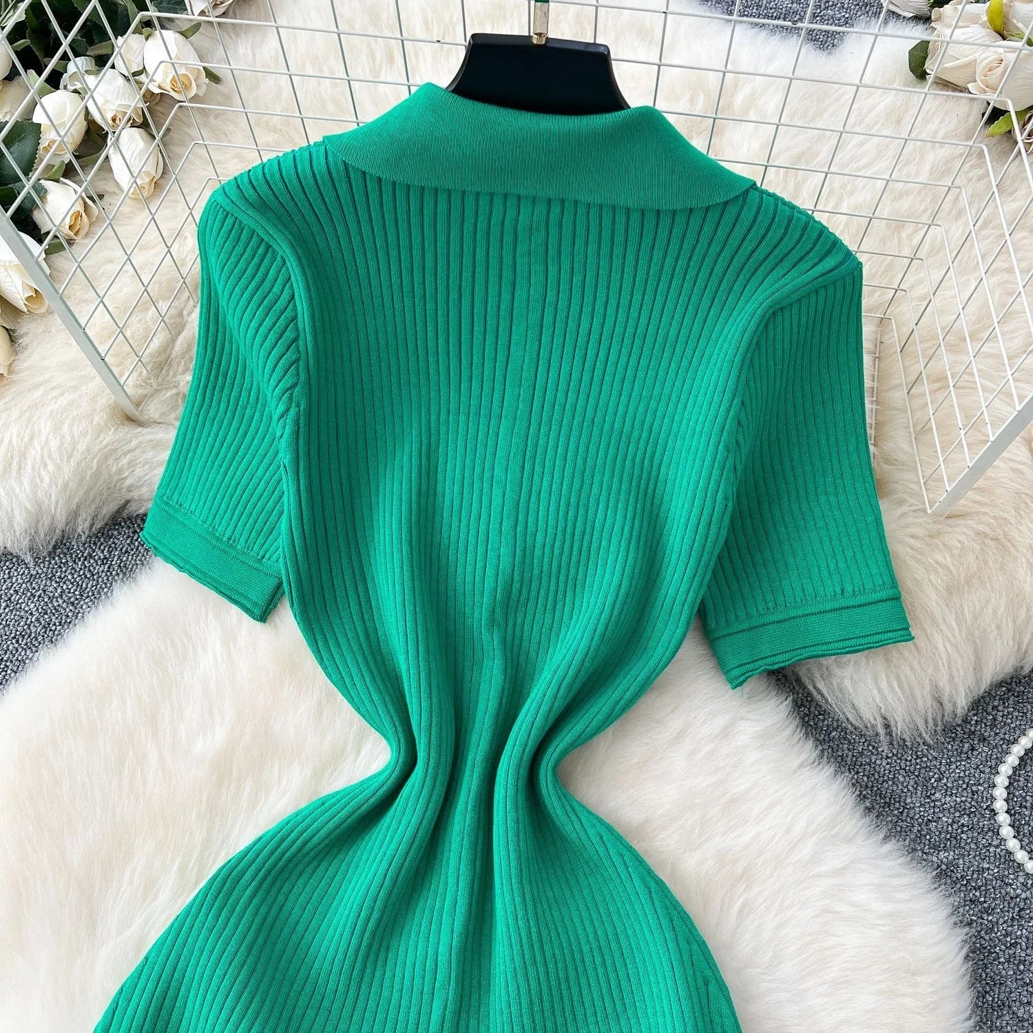 Elegant Patchwork Knitted Maxi Dress with Turn-down Collar and Shirt Design for Summer Ladies