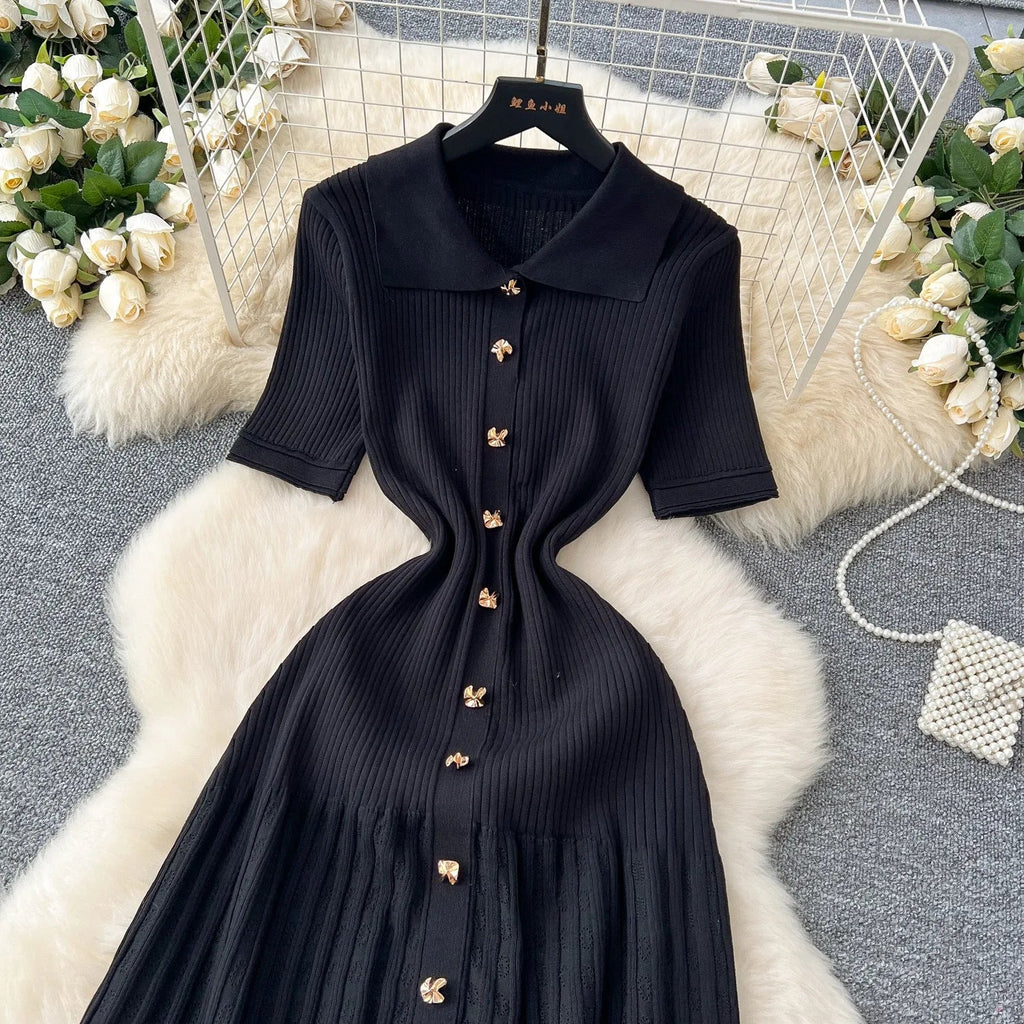 Elegant Patchwork Knitted Maxi Dress with Turn-down Collar and Shirt Design for Summer Ladies