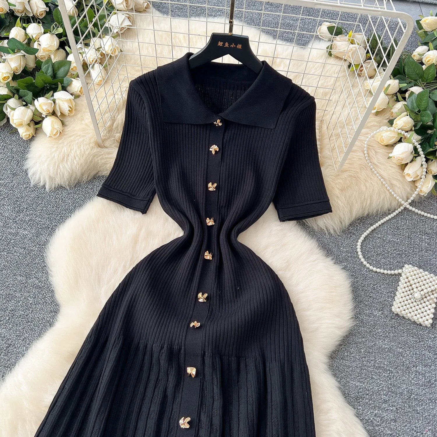 Elegant Patchwork Knitted Maxi Dress with Turn-down Collar and Shirt Design for Summer Ladies