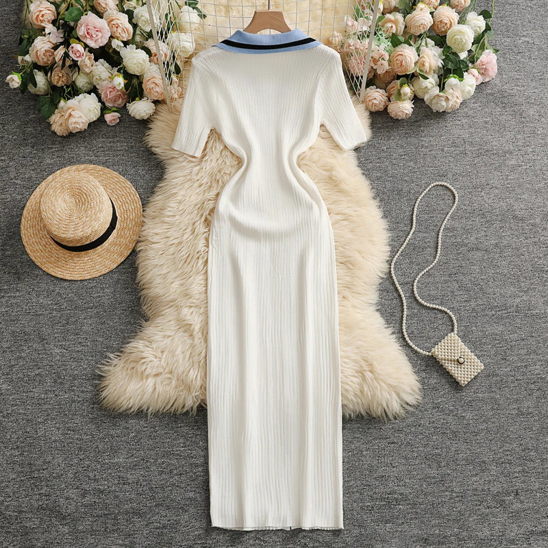 Chic Knit Maxi Dress for Women with Wrap Hips Elegant Embroidered Sweater Design for Office and Casual Wear