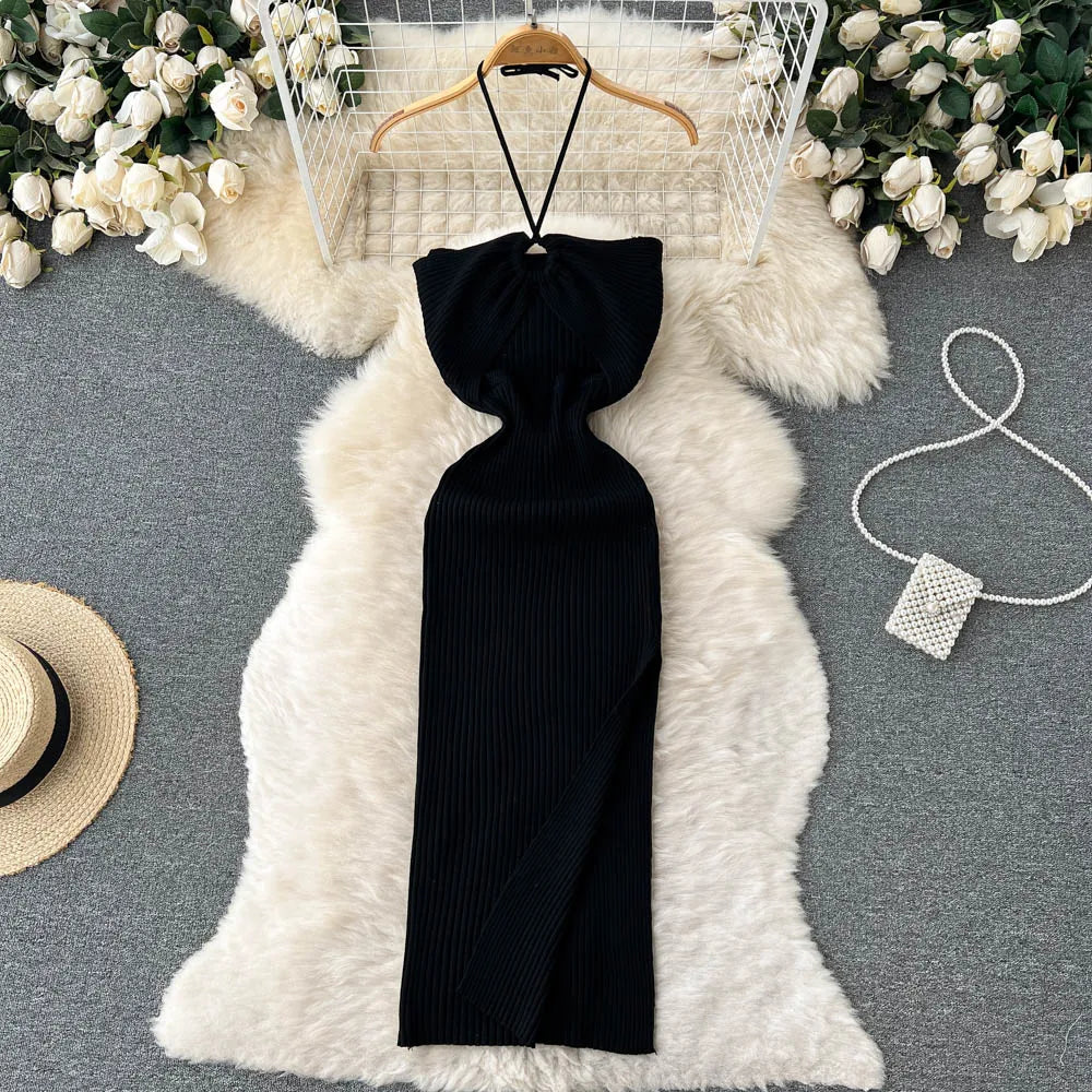 Chic Sexy Knitted Summer Dress with Hips Split Bodycon Fit for Women Elegant Party and Streetwear Outfits