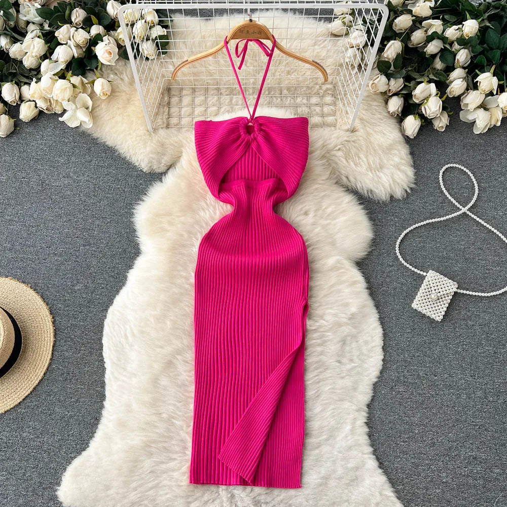 Chic Sexy Knitted Summer Dress with Hips Split Bodycon Fit for Women Elegant Party and Streetwear Outfits
