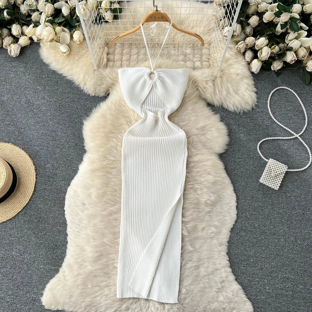 Chic Sexy Knitted Summer Dress with Hips Split Bodycon Fit for Women Elegant Party and Streetwear Outfits